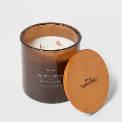 23oz XL 3-Wick Rose + Cedar Wooden Amber Glass With Wood Lid And Stamped Logo Amber - Threshold™ 4 23oz XL 3-Wick Rose + Cedar Wooden Amber Glass With Wood Lid And Stamped Logo Amber - Threshold™ - Image 2
