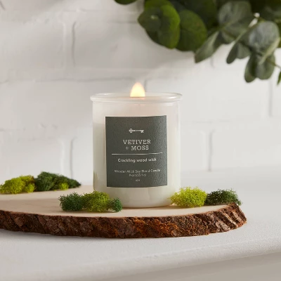 9oz Milky White Glass Woodwick Candle With Wood Lid And Stamped Logo Vetiver And Moss - Threshold™ 3 9oz Milky White Glass Woodwick Candle With Wood Lid And Stamped Logo Vetiver And Moss - Threshold™