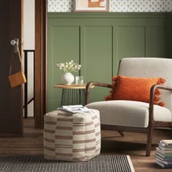 Palmette Wool Kilim Style Pouf With Removable Fill Cream With Rust Stripe - Threshold™